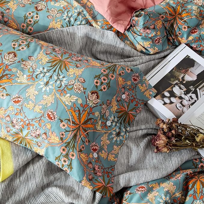 Vintage Style Boho Floral Duvet Cover Queen Percale Cotton Comforter Cover Medallion Paisley Print Bedding Set Vibrant Bohemian Flower Comforter Cover Boho Farmhouse Duvet Quilt Cover with Zipper Ties