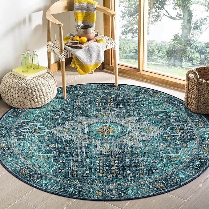Moynesa Ultra-Thin Washable Round Rug - 4ft Oriental Circle Area Rugs for Bedroom Entryway, Teal Vintage Non Slip Non Shedding Low Pile Carpet for Living Room Coffee Table Kitchen