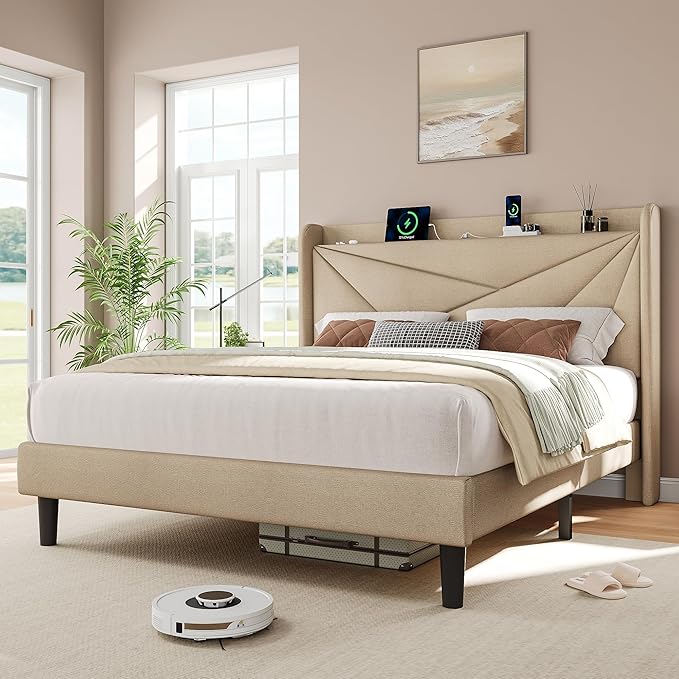 iPormis Queen Size Bed Frame with Charging Station, Linen Platform Bed Frame with Wingback Upholstered Headboard, Solid Wood Slats Support, No Box Spring Needed, Easy Assembly, Beige