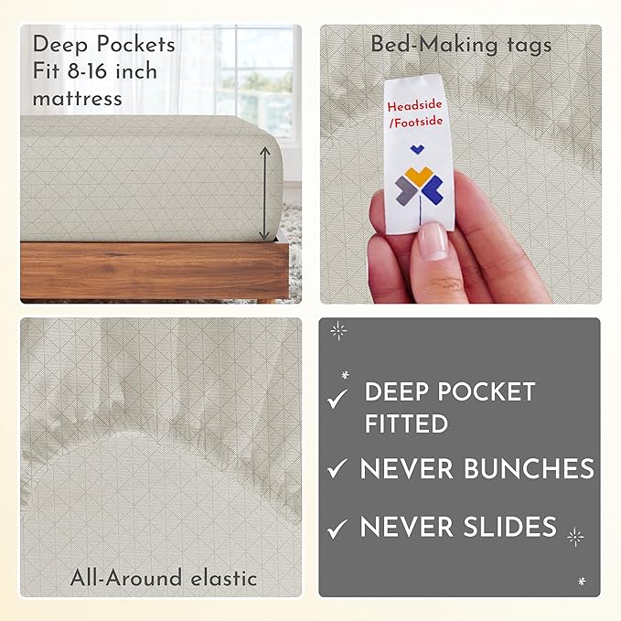 California Design Den Full Size Bed Sheets Set - 400 Thread Count Sateen, Natural 100% Cotton Sheets Full Size, Deep Pocket Cooling and Durable Bedding Set - Taupish-Sage Crosshatch