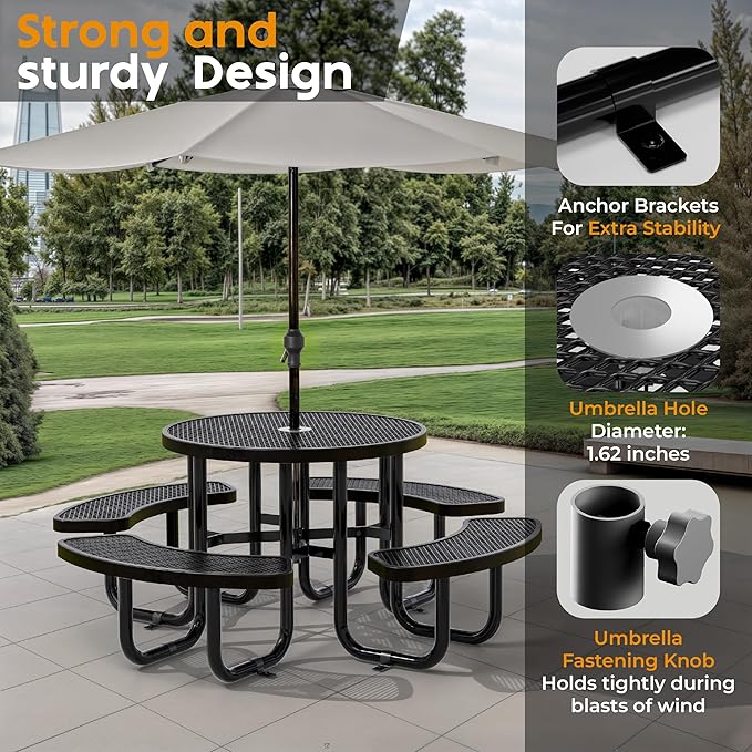 Metal Picnic Tables for Outdoors with Umbrella Hole - Coated Steel Heavy Duty Commercial Grade Furniture Set with Adjustable Seats (Black, 38 in, Round, Expanded Steel)