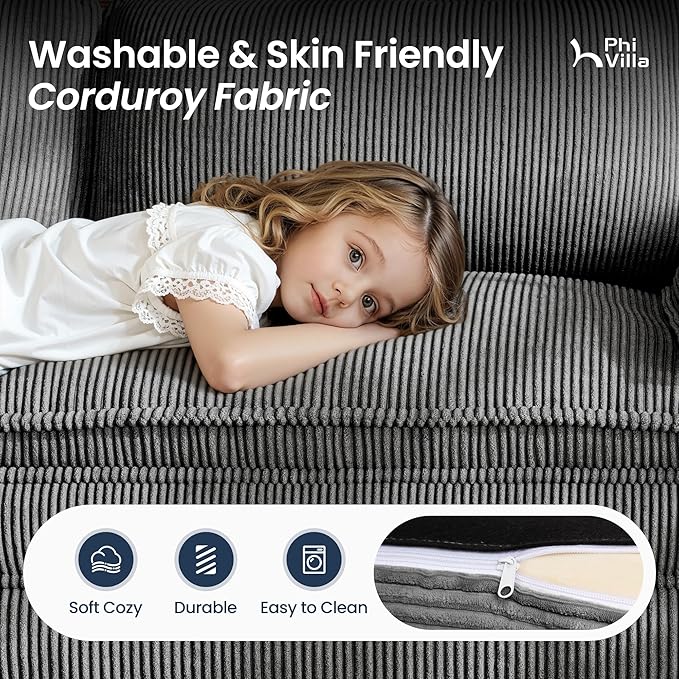 PHI VILLA Cloud Modular Couch Sets, 157.5" Large Sectional Sofa with U-Shaped Chaise, 6-Seater Couches with Movable Ottomans for Living Room, Corduroy Fabric, Grey