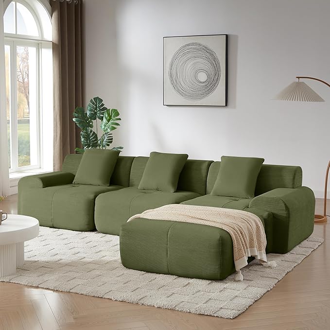 Cilee 113" Modular Sectional Sofa, Cloud Couch with Deep Seat, L-Shape Boneless Sofa, 3 Seat Memory Foam Sofa, No Assembly Required, Upholstered Couch for Living Room, Movable Ottoman, Corduroy, Green