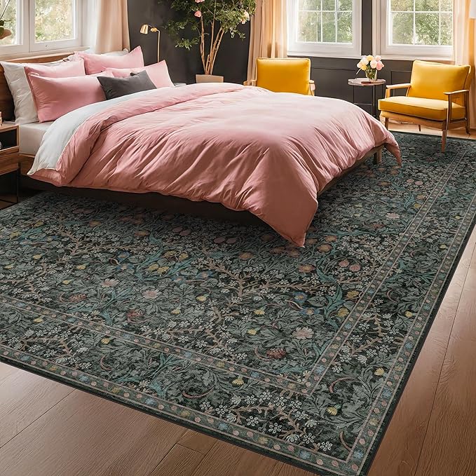 Washable Dark Green Rug for Living Room - 8x12 Large Area Rug for Dining Room Under Table, Bedroom, Soft Low Pile Non-Slip Stain Resistant Carpet - Vintage Floral Décor