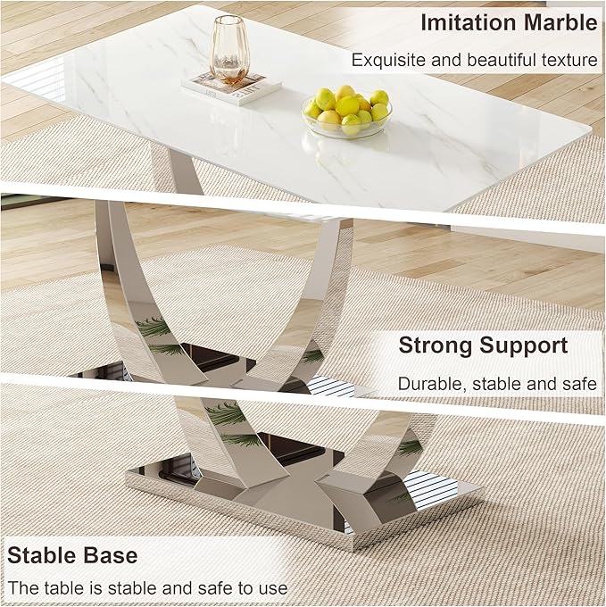 63" Modern Dining Table Set for 4, White Dining Room Set for 4, Tempered Glass Kitchen Table and PU Leather Chairs, Marble Pattern Top with Sturdy Silver Chrome Base