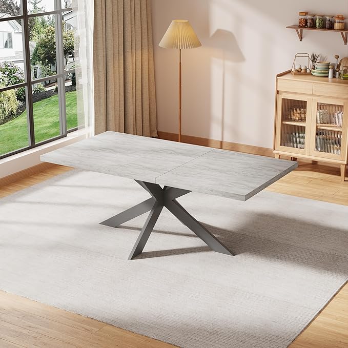 ZckyCine 6-Piece Extendable Dining Table Set, Modern 63''–79'' Grey Wood Table with 6 Grey Fabric Chairs, Dining Room Table and Chairs for 6, Ideal for Kitchen or Dining Room