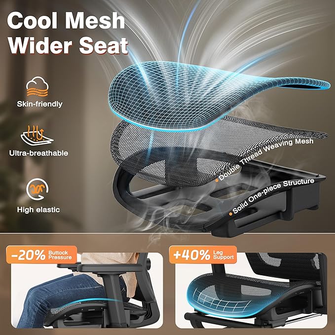 Ergonomic Office Chair with Foot Rest, Home Mesh Desk Chair with Adjustable Lumbar Support, 3D Armrest, 3D Headrest, 90°-135° Lockable Reclining Function, Comfy High Back Swivel Computer Gaming Chairs
