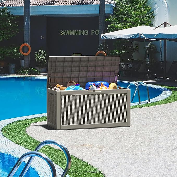 Outdoor Storage Box, Resin Deck Boxes Indoor and outdoor, Waterproof Storage Box Lockable Lid (Grey, 150 Gallon)