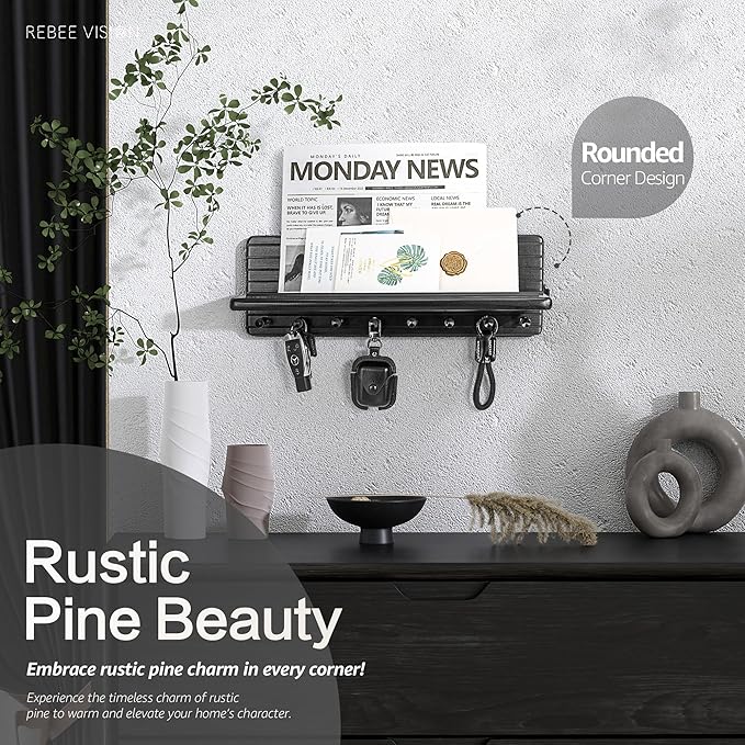 Rebee Vision Farmhouse Key Holder Wall Mount for Room Decor – Modern Key Rack for Wall with 8 Sturdy Hooks & Floating Shelf - House Organization Solution for Aesthetic Spaces(Black)