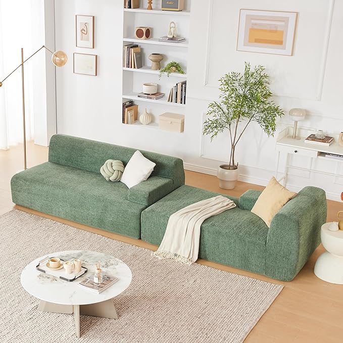 107” Chenille Modular Sectional Sofa, Boneless Couch Modern Sponge Sofa for Living Room, High Density Sponges Cloud Couch Sectional, L-Shape Couches for Living Room, Green