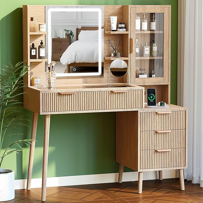 Fluted Vanity Desk with Mirror and Lights, 5 Drawers Glass Top Makeup Vanity with 10 Storage and 9-Grid Organizer, 3 Color Clear Glass Door Dressing Table with Charging Station, Natural Oak