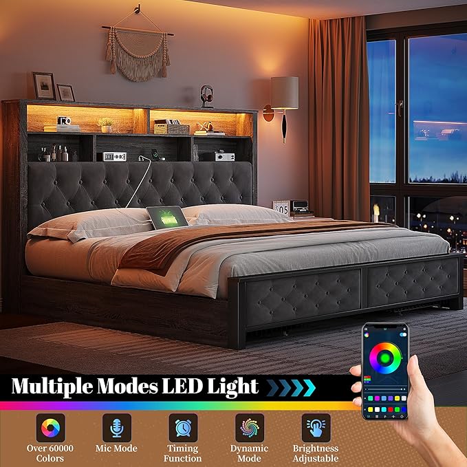 EnHomee King Size Bed Frame with 4 Drawers and Upholstered Storage Headboard,Wooden King Bed Frame with Charging Station and LED Lights,NO Noise,No Box Spring Needed,Gray