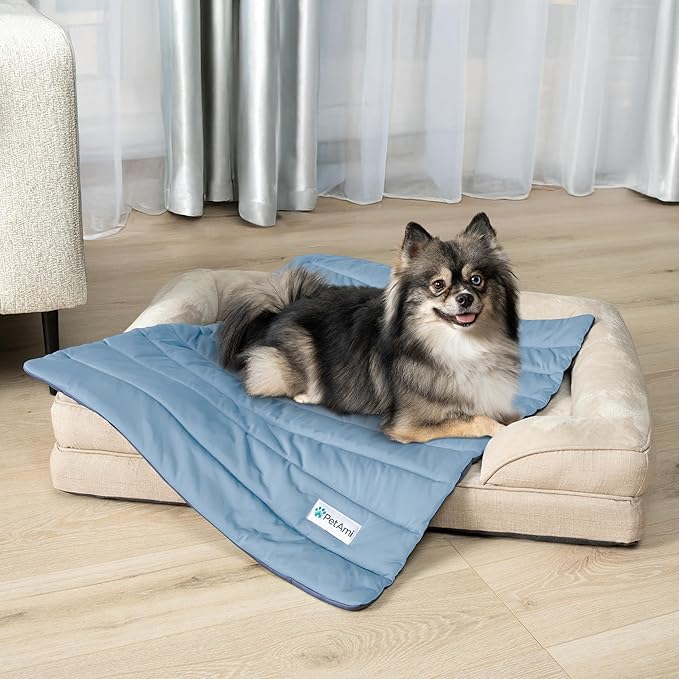 PetAmi Cooling Mat for Dog, Premium Pet Cooling Blanket for Crate Kennel, Indoor Cat Cool Sleeping Pad, Q-MAX Cold Sofa Couch Cover for Summer, Navy/Dusty Blue, Small (24x32)