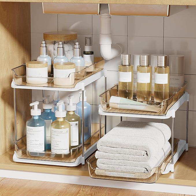 Delamu 2-Tier Multi-Purpose Bathroom Under Sink Organizers and Storage, Stackable Kitchen Pantry Organization, Pull Out Medicine Cabinet Organizer with Movable Dividers, Amber, 2 Pack