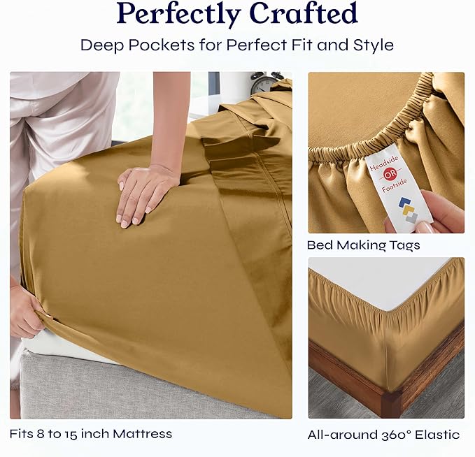 California Design Den Twin XL Sheet Sets - 400 Thread Count Sateen, 100% Cotton Sheets, Deep Pockets, Cooling and Durable Bedding for Dorm Rooms & Adults - Golden Mustard