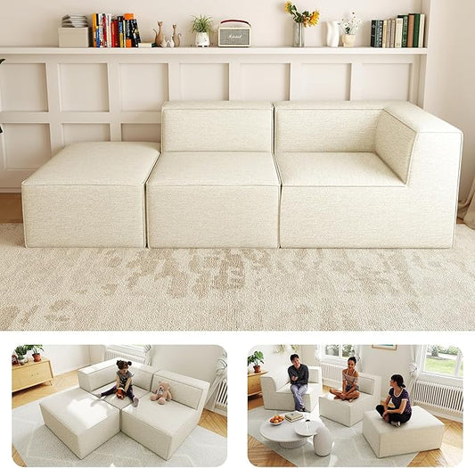 106" Sectional Compressed Sofa Modular Couches,High-Density Foam No Assembly Required,3-Piece(1xCorner 1xArmless 1xOttoman) for Living Room, Chenille Beige White