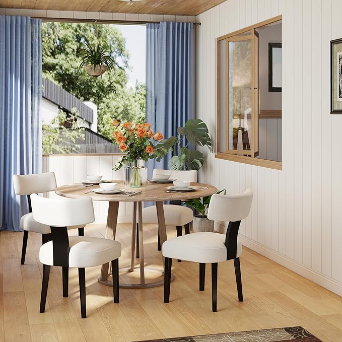 Black Wooden Dining Chairs Set of 2, Upholstered Beige Linen Kitchen & Dining Room Chairs with Mid Back Modern Wood Accent Side Chairs for Living Room/Home Office/Reception