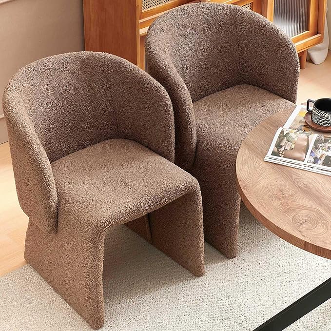 Upholstered Dining Chair Brown Set of 4, Stylish Accent Barrel Side Chairs, Cozy Single Sofa Chair, Teddy Velvet Comfortable Armchair for Bedroom, Reading, Waiting Room, Kitchen and Dining
