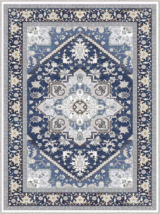 OPPODREAM Thin Area Rugs 9x12 Living Room, Washable Rugs 9x12 with Non Slip Backing, Faux Cashmere Low-Pile 9 x 12 Carpet, Navy Blue & Gold