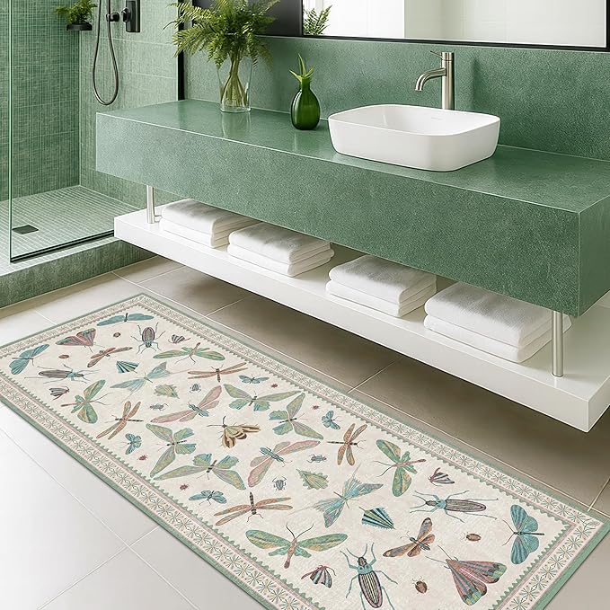 Mint Green Washable Bathroom Rug - 2x4 Small Kitchen Rugs for Front Door Indoor Entrance, Low Pile Stain Resistant, Colorful Cool Aethestic