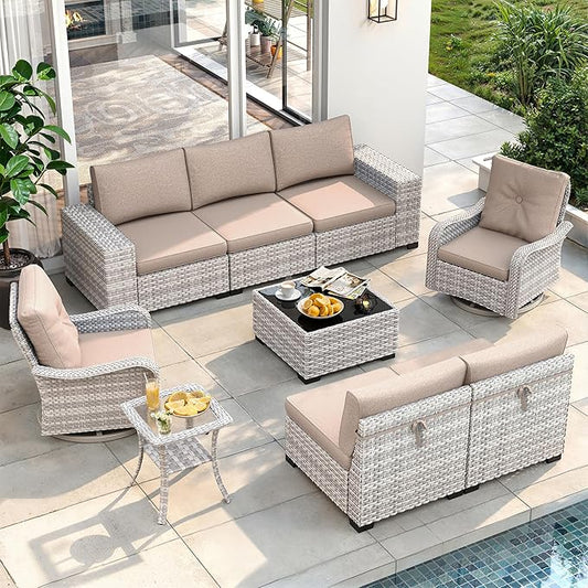9 Piece Outdoor Wicker Rattan Sectional Sofa Set with Swivel Chairs, 7-Seats Conversation Set with 4" Thickened Cushions & Coffee Table, All-Weather PE Rattan for Garden, Backyard, Porch, Beige