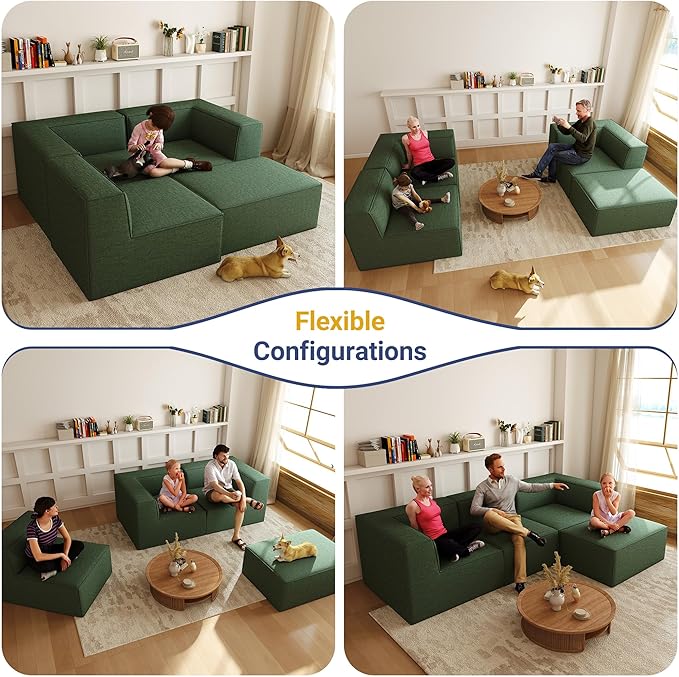 106" Sectional Compressed Sofa Modular Couches L-Shape with Chaise,High-Density Foam No Assembly Required,4-Piece(2xCorner 1xArmless 1xOttoman) for Living Room Chenille Green