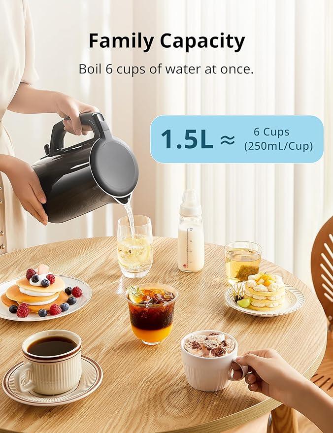 COMFEE' Electric Kettle and Tea Kettle, 1.5L Double Wall, Stainless Steel Interior, Lid & Spout, Fast Boil, Auto-Off, and Boil-Dry Protection, 1500W