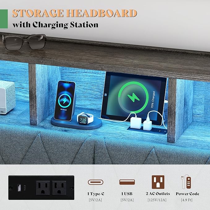 AMERLIFE Queen Bed Frame with Bookcase Headboard and 4 Storage Drawers, Wooden Platform Bed with Charging Station and LED Light, Noise-Free/No Box Spring Needed, Gray