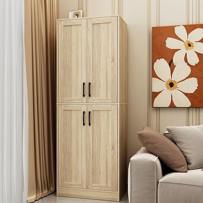Storage Cabinet, Kitchen Cabinet with Doors & Shelf, Tall Storage Cabinet for Bathroom, Living Room, Entryway,Natural