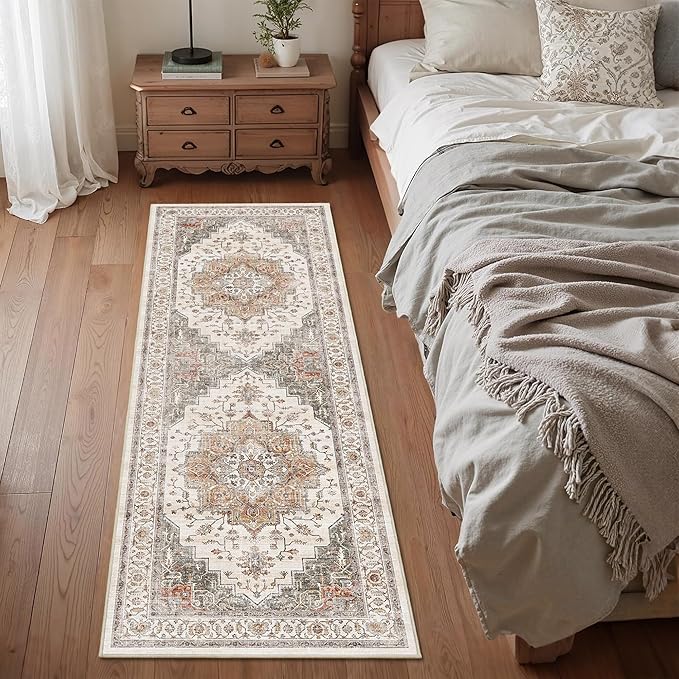 2x6 Vintage Runner Rug Low Pile Runners Non-Slip Machine Washable Rug Retro Distressed Print Lightweight Carpet for Hallway Kitchen Living Room Bedroom Laundry Room