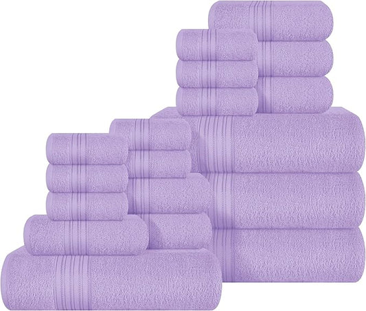 BOUTIQUO 100% Cotton Towel Set, Contains 4 Soft Bath Towel, 6 Hand Towels, 8 Wash Cloths - Compact Absorbent Lightweight & Quickdry Towels for Bathroom - 18 Piece Bathroom Towel Set - Purple
