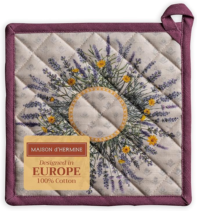 Maison d' Hermine Pot Holders 100% Cotton Heat Resistant Potholders 8" x 8" Hot Pads with Loop BBQ, Cooking, Baking, Grilling, Kitchen, Handling Hot Pans Spring/Summer (Pack of 1, Fanny Lavender)