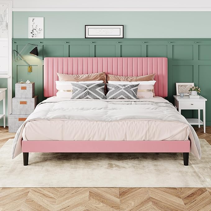 Allewie King Bed Frame, Velvet Upholstered Platform Bed with Adjustable Vertical Channel Tufted Headboard, Mattress Foundation with Strong Wooden Slats, Box Spring Optional, Easy Assembly, Pink