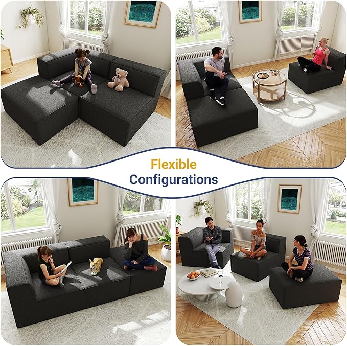 106" Sectional Compressed Sofa Modular Couches,High-Density Foam No Assembly Required,3-Piece(1xCorner 1xArmless 1xOttoman) for Living Room, Chenille Dark Gery