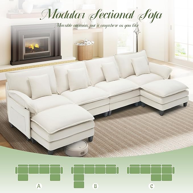 Modular Sectional Sofa, Comfy Cloud Couch with Movable Ottoman, Deep Seat Couches for Living Room, Bedroom and Apartment, 140" U Shaped Modern Sofa with Pillows, Beige
