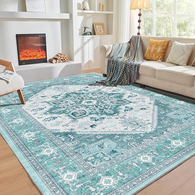 OPPODREAM Thin 8x10 Area Rugs, Washable Rugs 8x10 with Non Slip Backing, Faux Cashmere Low-Pile 8 x 10 Carpet, Teal & Turquoise & Cream