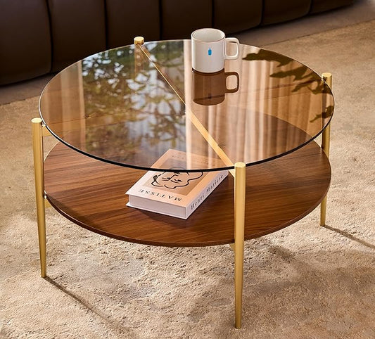 Shrine Round Glass Coffee Table, Mid-Century Modern Design, D30 x H17 in, 2-Tier Structure, Amber Glass Top and Walnut MDF Shelf, Sleek Conical Metal Legs with Gold Finish