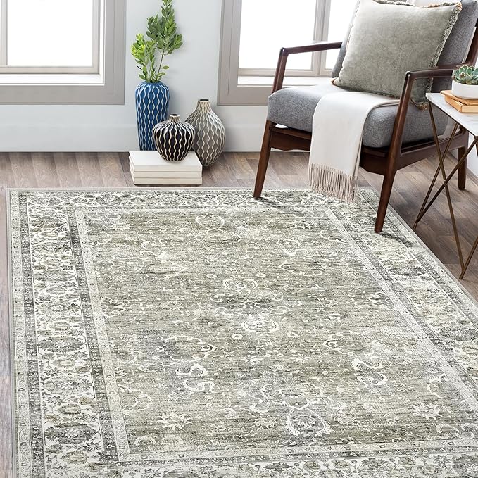Deerly Washable Rug 5x7 Area Rugs for Living Room, Non Slip Large Rug for Bedroom Dining Room, Low-Pile Kid & Pet Friendly Distressed Carpet Print Floor(Cream)