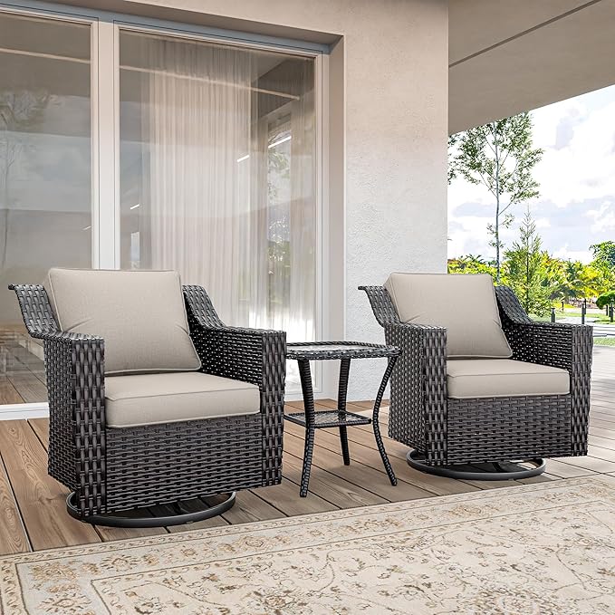 3 Pieces Wicker Patio Furniture, Luxury Outdoor Rattan Furniture with 2 Patio Swivel Chair,Side Table, Wide Armrest, Thickened Cushions, Ideal for Deck, Porch Use