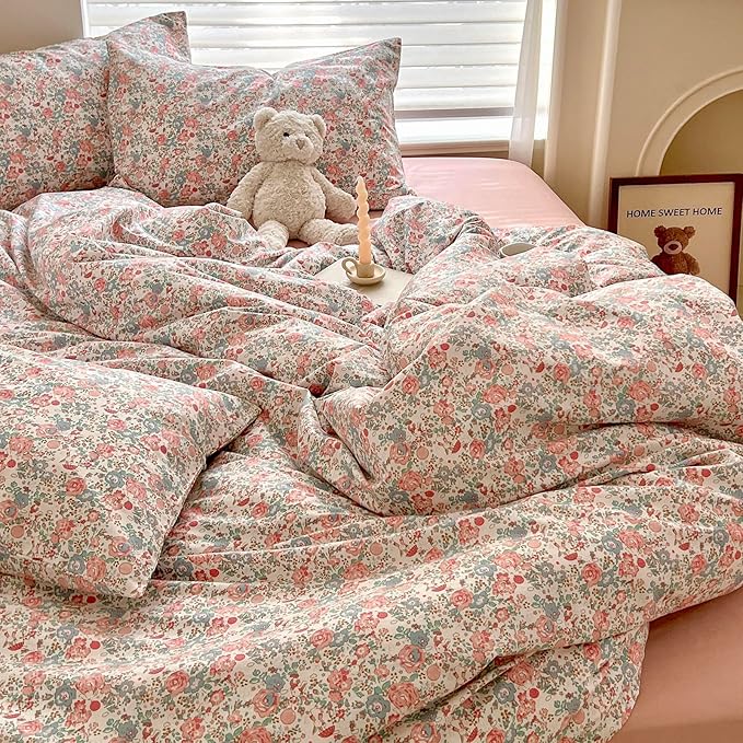 EAVD French Garden Pink Floral Comforter Set Full Soft Microfiber Chic Shabby Floral Bedding Set with 2 Pillowcases Cute Botanical Comforter Set for All-Season