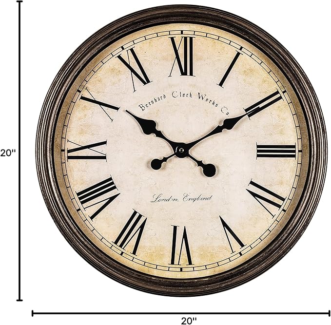 Bernhard Products Large Decorative Wall Clock 20 Inch Silent Non Ticking Battery Operated Quartz Vintage Stylish with Rustic Dark Brown Rim for Home Living/Dining Room Kitchen & Over Fireplace
