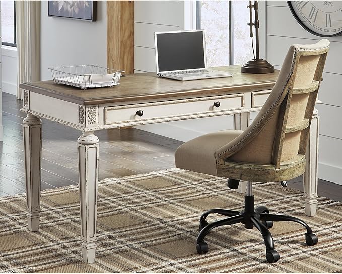 Signature Design by Ashley Realyn Farmhouse 60" Home Office Desk with USB Charging, Chipped White