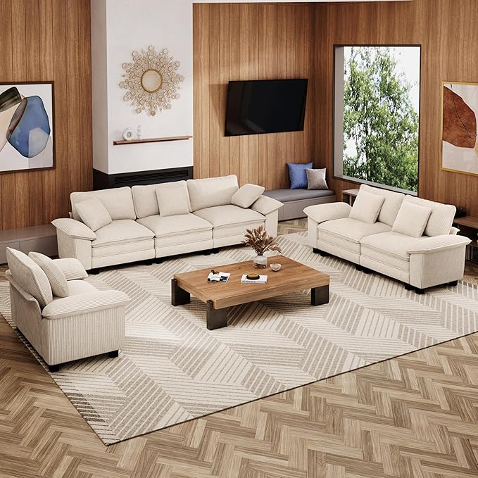 U-Shaped Cloud Modular Sofa Set, Deep Seat 3-Piece 6-Seater Sectional Couch & Removable Arms, Plush Corduroy for Living Room - Beige