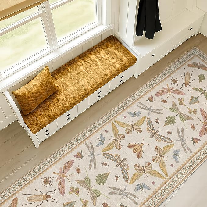 8 ft Long Hallway Rug - 2'6''x8' Wide Kitchen Runner Rug, Non-Slip & Stain Resistant Long Floor Rug, Neutral Beige Boho Floral Insect Decor
