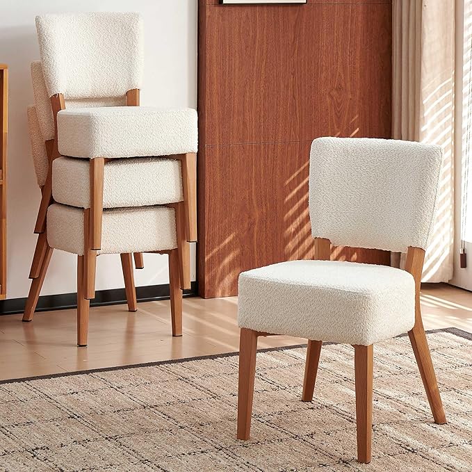 Howtek Modern Dining Chairs Set of 4 with 6.3" Thick Seat Cushions, Space-Saving Stackable Upholstered Kitchen Chairs, Ergonomic Backrest & Wood Grain Metal Legs, White