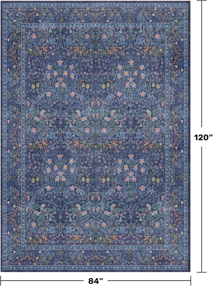 Vintage Dark Blue Living Room Rug, 7x10 Washable Large Area Rugs for Bedroom, Dining Room Rugs Under Kitchen Table, Oriental Navy Blue Low Pile Stain Resistant Non-Slip