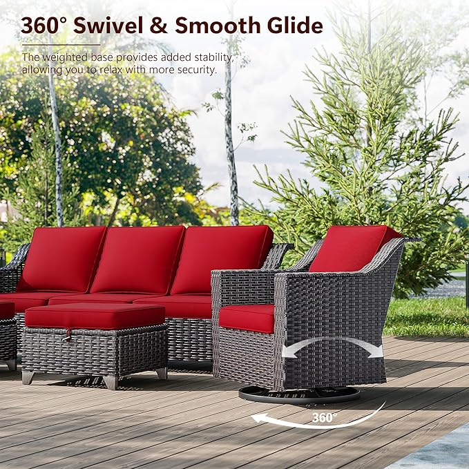 9 Pieces Wicker Patio Furniture, Luxury Outdoor Furniture with 2 Patio Swivel Chair, 2 Chair, 3-Seater Sofa, 2 Ottoman, 1 Coffee Table and 1 Side Table, Wide Armrest, Thickened Cushions