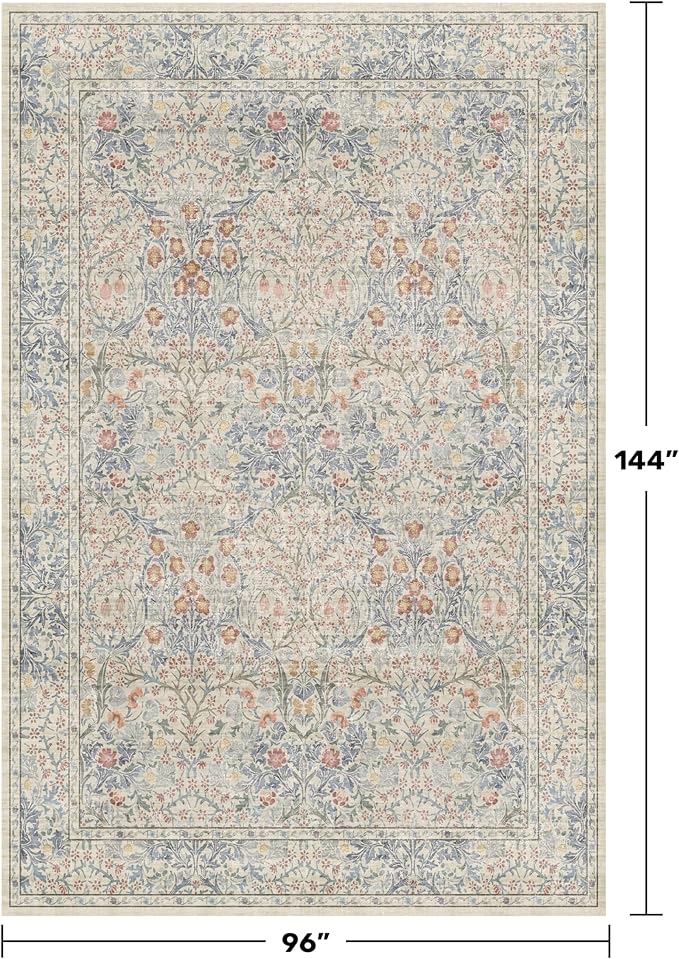 Washable Light Blue Non Slip Bedroom Rug, 8x12 Large Area Rug for Living Room, Dining Room Under Table, Low Pile & Soft Stain Resistant Carpet - Forset Floral Design