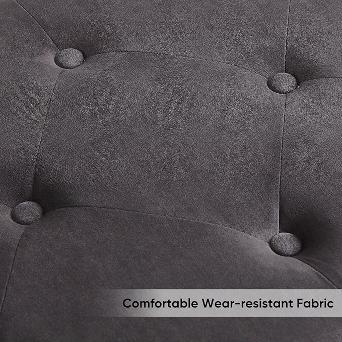 65" Storage Ottoman Bench, End of Bed Storage Bench King Size with Tufted Button Upholstered and Gold Legs, Bedroom Benches with Armrests for Living Room Window and Entryway, Dark Grey