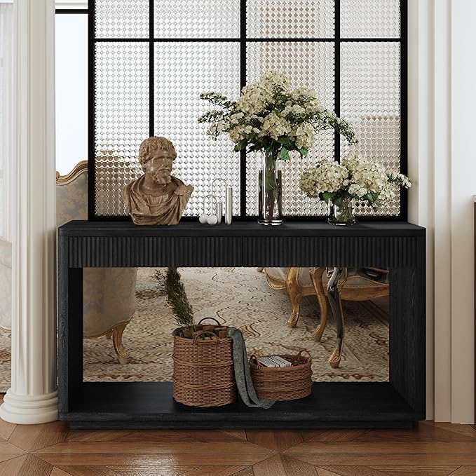 59.8”Rectangular Rustic Fluted Console Table with 2 Drawers,Solid Wood Entry Table Hallway Table, Modern Farmhouse Narrow Sofa Table for Foyer Living Room,Bedroom,Apartments-Black